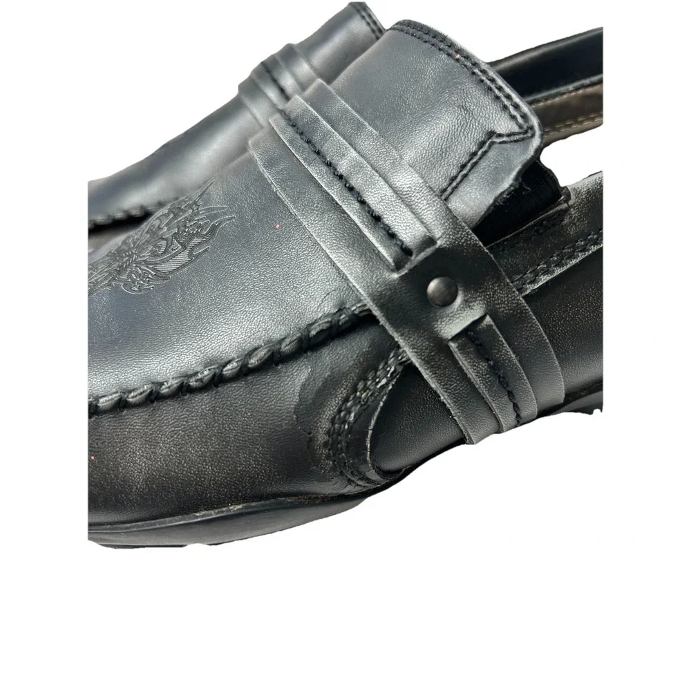 Vtg Back Stage by Skechers 69506 Men 11‎ Black Leather Loafers Crest Y2K Grunge